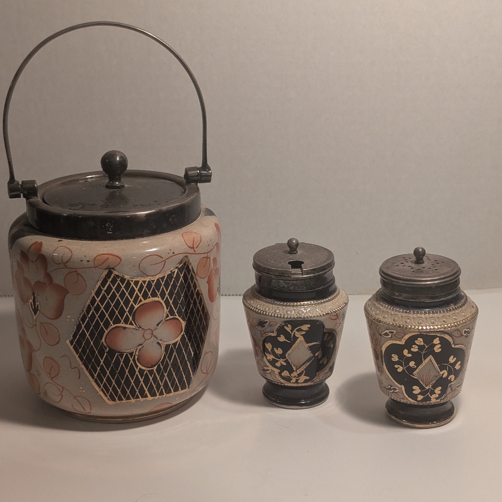 Antique William Wood and Co. Imari Style Biscuit Barrel Jar And Two Shakers.